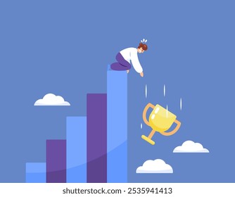 concept of failure to win. unsuccessful and defeated. not succeeding in becoming champion or being the best. failure in trying and career. illustration of a man dropping his trophy. flat style design