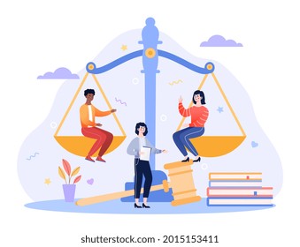 The concept of fairness and justice. Equality and freedom measurement with characters sitting on scales. Social protection and punishment system balance. Flat cartoon vector illustration