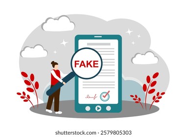 The concept of fake information, fake documents and fraud. A girl with a magnifying glass looks at a document