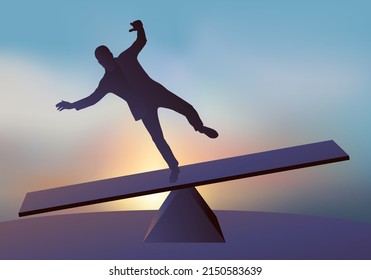 Concept of a fall and loss of balance with a destabilized businessman who finds himself knocked down from his pedestal.