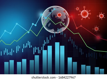 Concept Of The Fall Of  Trade Market And Economy By Virus.
Economy And Disease Pandemic .
Economic Pandemic Fear.
Stock Market Selling As A Recession.