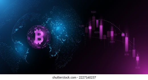 The concept of falling Bitcoin. The cryptocurrency market has fallen. Candlestick price pattern. Digital technology background. Futuristic business design. Blockchain. Vector illustration. EPS 10