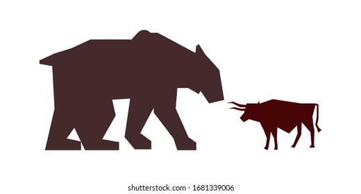 El concepto de caída de los mercados financieros. Simple ilustración vectorial en estilo plano. Símbolos de un oso enorme y un toro pequeño.