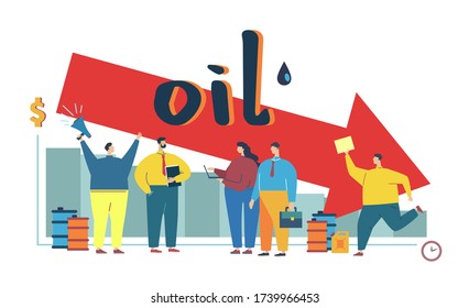 Concept of falling oil prices brought down the market. World financial crisis. Crude oil and gas price drop. Collapse of the economy. Down arrow stocks graph. Flat vector illustration