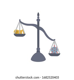 Concept of falling on oil market, Scales with money and coronavirus icon over white background, flat style, vector illustration