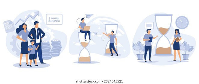 Concept Family Business as Efficient Mechanism Against Background with Gold Coins, Informative Banner Art Working Time Management. Business waiting, set flat vector modern illustration 