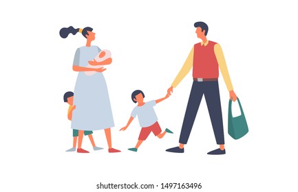 The concept of family and childhood. Happy young parents with young children. Caring mother and father for the children. Vector flat illustration on isolated white background.
