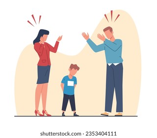 Concept of family conflict, mother and father yelling at son. Unhappy child, angry parents, stressful situation scene, man and woman arguing. Cartoon flat style isolated vector concept