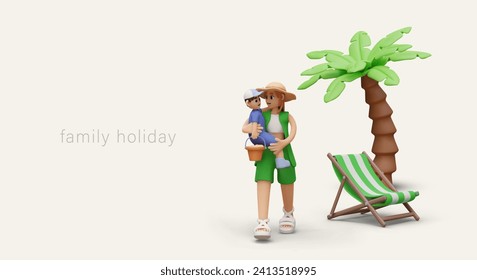 Concept of family holiday. Woman carries boy along sandy beach. Mother rests with her son on tropical beach under palm trees. Healthy active games outside