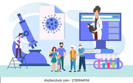 Concept family medical examination. virus detection, taking tests in a medical laboratory, consultation of doctors for diagnosis vector illustration