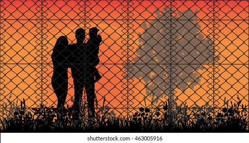 Concept Of The Family Of Refugees. Silhouette Of Refugee Families Near The Fence, Vector, Nature