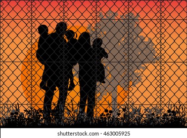 Concept Of The Family Of Refugees. Silhouette Of Refugee Families Near The Fence, Vector, Nature