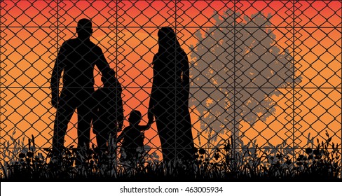 Concept of the family of refugees. Silhouette of refugee families near the fence, vector, nature