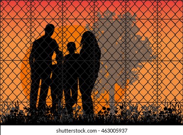 Concept Of The Family Of Refugees. Silhouette Of Refugee Families Near The Fence, Vector, Nature