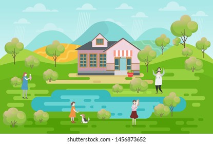 Concept Family relaxation. Parent and child go for a walk in the park. Family is doing holiday activity. Family is running happily. Girls and parents are relaxing.