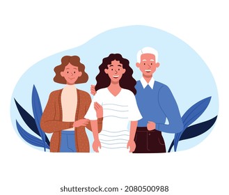 Concept of family support and care. Trusting relationship between girl and her parents. Mother and father love their child and hold his hand. Happy smiling characters. Cartoon flat vector illustration