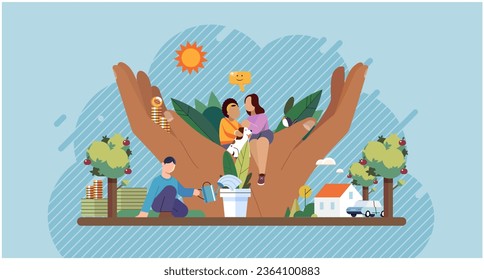 Concept of family support and care. Wellbeing and hapiness. Love and trust between woman and man. Happy couple hugging each other in flower and watering it. Mental health in family, good mood