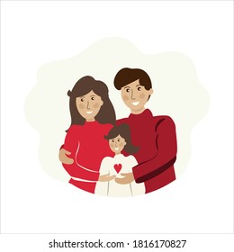 The concept of a family of three. Shown are dad, mom and daughter in warm sweaters. They hug and smile. Versatile modern design. Vector graphics. Flat.