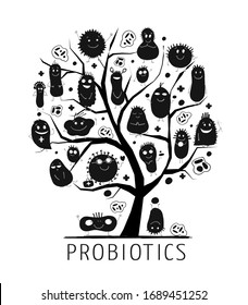 Concept of family tree for funny and scary bacteria characters. Vector logo of gut and intestinal flora, germs, virus. Vector illustration