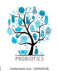 Concept of family tree for funny and scary bacteria characters. Vector logo of gut and intestinal flora, germs, virus. Vector illustration