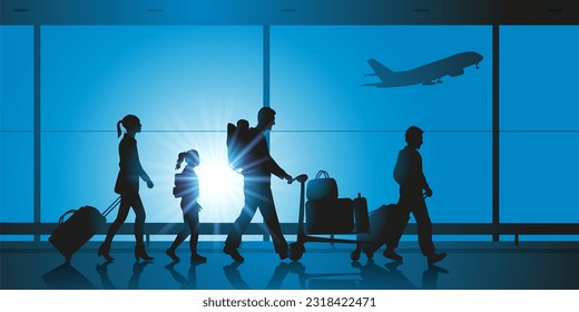 Concept of a family vacation, with a couple and their children reaching their departure gate at the airport.