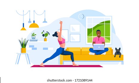 Concept family vacation at home. Young woman practicing yoga exercise. Man sits and work on a couch with dog. Living room 
with sofa, lamps, clock. Flat vector illustration. 