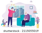 Concept of family violence and bad relations between relatives. Adult son yells at elderly father. Male character scream at grandfather. Angry man arguing with old relative. Flat vector illustration