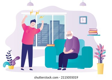 Concept of family violence and bad relations between relatives. Adult son yells at elderly father. Male character scream at grandfather. Angry man arguing with old relative. Flat vector illustration svg