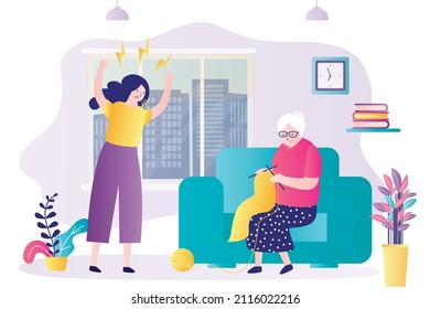 Concepto de violencia familiar, malas relaciones entre parientes. Niña adulta grita a madre mayor. Personaje femenino grita a abuela. Mujer enojada discutiendo con pariente mayor. Ilustración del vector