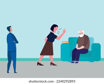 Concept of family violence and bad relations between relatives. Adult daughter in law and daughter yells at elderly father. Female character scream at grandfather. Angry man arguing with old relative. svg