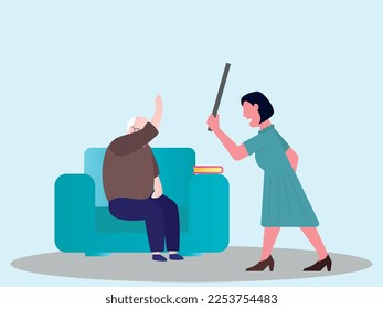 Concept of family violence and bad relations between relatives. Adult daughter yells at elderly father. Female character torture grandfather. Adult care and vulnerable adult abuse safeguard svg