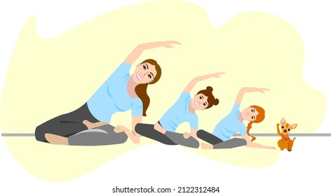 The concept of family yoga  Mother  daughter and dog doing yoga indoors  Healthy Lifestyle  Stock vector illustration in flat style