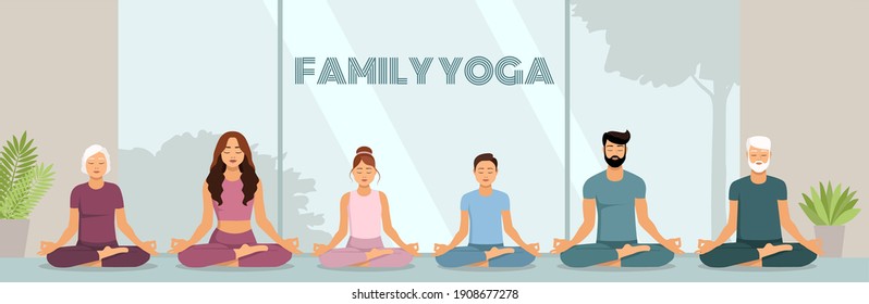 The concept of family yoga. Mother, father, son, daughter, grandmother, grandfather do yoga indoors. The family meditates in the lotus pose. Healthy Lifestyle. Stock vector illustration in flat style.