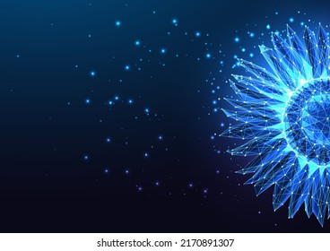 Concept of fantasy flower, sunflower banner in futuristic glowing low polygonal style on dark blue  svg