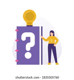 concept FAQ or Frequently Asked Questions, hints, help, and guides. illustration of a woman standing beside a manual book and a light bulb. ideas and solutions. flat style. element design