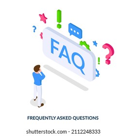 Concepto de preguntas frecuentes - preguntas más frecuentes. Hombre frente a un plato gigante con letras de FAQ e iconos de preguntas. Isometric vector ilustración en fondo blanco