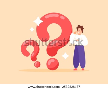 concept of FAQ or frequently asked questions. question and answer service. looks confused and wondering. illustration of a man next to a big question mark symbol. flat style design. elements