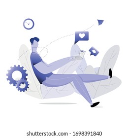 The Concept of Far Freelance Work. Men who are Sitting relaxed while Comfortable Working Far Freelancers using a Laptop. Character of Creative Employees Working at Home.