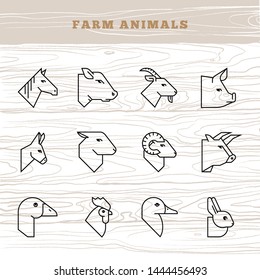 Concept of farm animals. Vector icon set in a linear style of farm animals silhouettes.