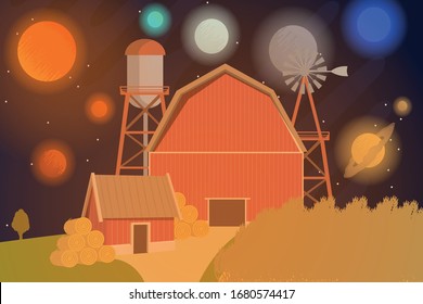 concept of a farm of the future on uncharted planets. Galaxy and planets of the solar system