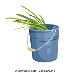 Concept Farm village field garden bucket grass. The illustration is a flat vector design of a farm or garden bucket filled with freshly cut green grass. Vector illustration.