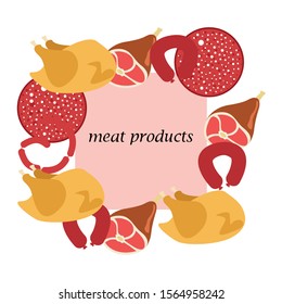The concept of farming meat products. Chicken, whole leg, sausage. Meat icons. Vector image.