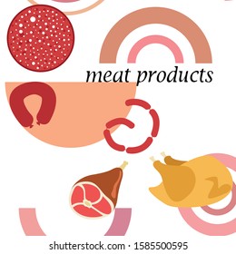 The concept of farming meat products. Chicken, whole leg, sausage. Meat icons. Vector image.