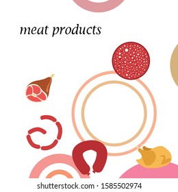 The concept of farming meat products. Chicken, whole leg, sausage. Meat icons. Vector image.