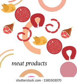 The concept of farming meat products. Chicken, whole leg, sausage. Meat icons. Vector image.
