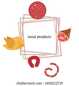 The concept of farming meat products. Chicken, whole leg, sausage. Meat icons. Vector image.