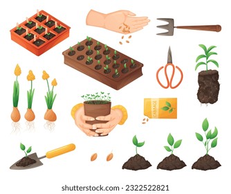 The concept of farming, sowing and growing vegetables and fruits. Young sprouts of plants and flowers, gardening equipment. Set of vector isolated cartoon illustrations.