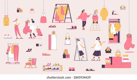 Concept fashion illustration with women choosing wardrobe and clothes. Outline illustration good for casual boutique and personal stylist in pink and yellow