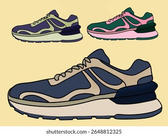  Concept of fashion shoes. Vector illustration, Shoes Sneakers Vector, running shoe vector illustration, shoe isolated, casual shoes hand-drawn collection full color
