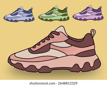  Concept of fashion shoes. Vector illustration, Shoes Sneakers Vector, running shoe vector illustration, shoe isolated, casual shoes hand-drawn collection full color